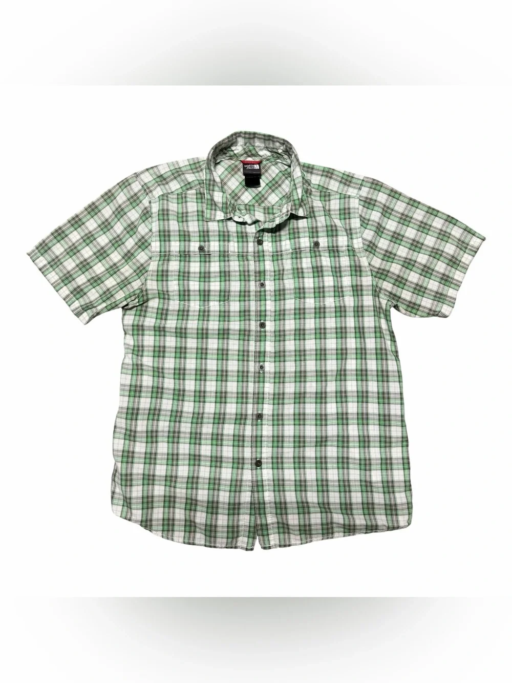 The North Face Green and White Plaid Short-Sleeve Button-Up Shirt